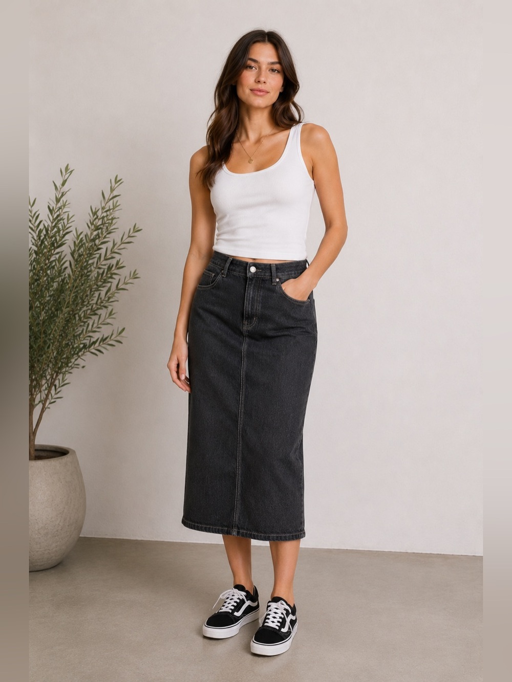 Vintage Caren Sport Denim Midi Skirt Sz 16 Black Wash